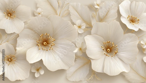 Elegant cream-colored floral art with golden accents