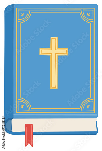 Blue book with gold cross and red bookmark, religious, faith, belief illustration