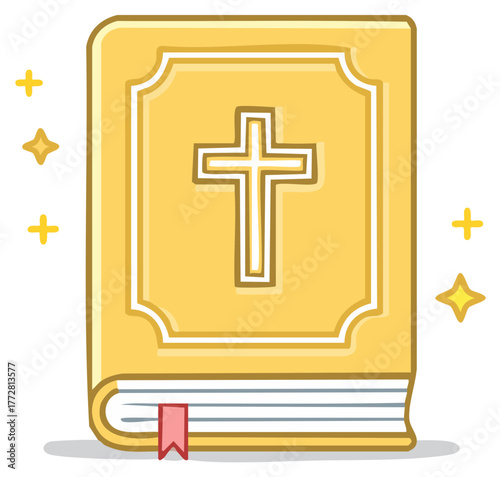 Illustrated golden holy bible with Christian cross symbol and sparkling lights