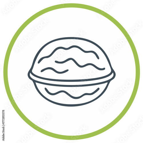 Simple line art icon of a walnut inside a green circle for healthy food and nutrition concepts