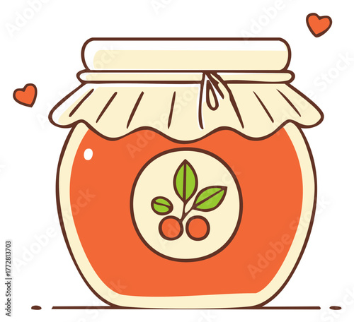 Cartoon jar of homemade fruit jam or jelly with label, sweet dessert, isolated, canning