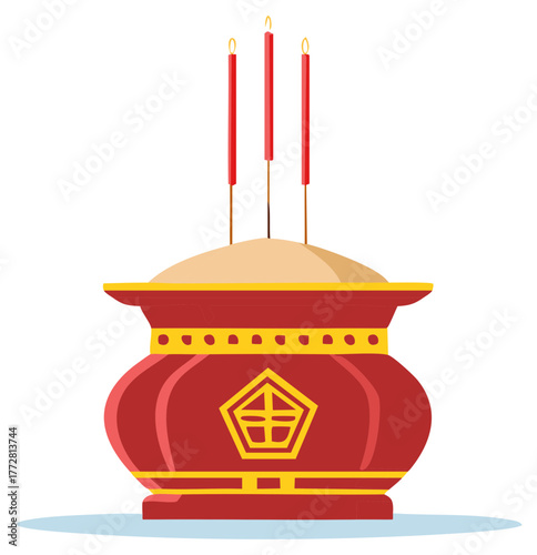 Traditional red Chinese incense burner with lit joss sticks for prayer worship and offerings vector illustration