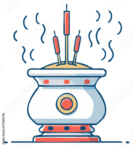 Traditional Asian spiritual censer with burning incense sticks for ritual ceremony