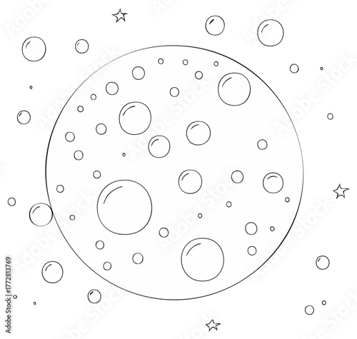 Full moon outline with craters and stars drawing coloring page