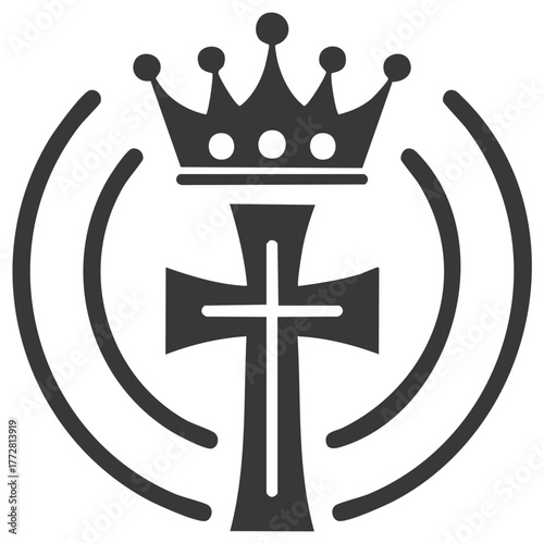 Heraldic cross beneath a royal crown surrounded by curved lines in a minimalist style
