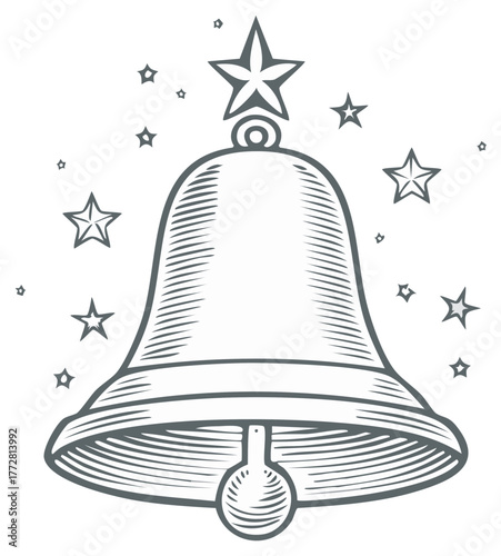 Classic Holiday Bell with Star and Sparkles Engraving Style Illustration