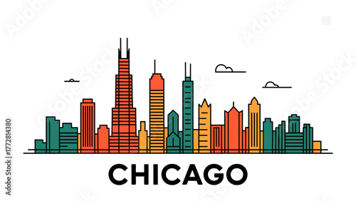 Chicago Skyline: A vibrant and colorful vector illustration of the iconic Chicago skyline, showcasing its impressive architectural diversity and urban landscape.
