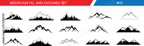 Mountain Icon Set Vector, 15 Fill and Outline Nature Landscape Symbols