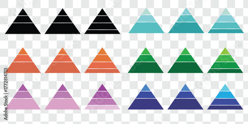 Levels of triangular pyramid. Half triangle pyramid chart. Maslow layer diagram. Development level infographic. Business graph. Vector illustration isolated on white background. 