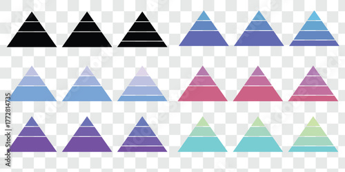 Levels of triangular pyramid. Half triangle pyramid chart. Maslow layer diagram. Development level infographic. Business graph. Vector illustration isolated on white background. 