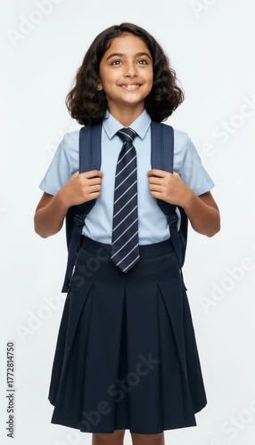 Confident Indian Schoolgirl Wearing a Backpack Ready for School generative ai