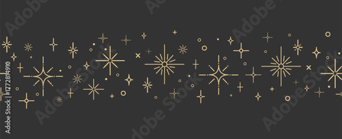 Horizontal boho celestial border with gold stars, sparkles, symbols on dark background, for invitations, social media graphics,branding, packaging,website headers, spiritual decor.Vector illustration