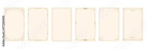 Boho Mystic Card Templates in line style. Bohemian frames and borders with stars, moons, and mystical symbols for invitations, tarot cards, spiritual branding, thank you notes, social media. Vector