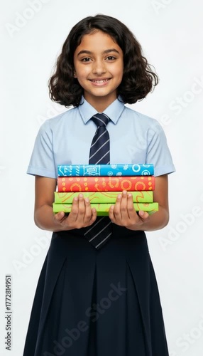 Cheerful Indian Schoolgirl Holding a Stack of Books in Full Uniform generative ai