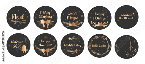 Merry Christmas and a Happy New Year wishes labels and badges set in black and gold. Holiday labels with typography winter messages for greeting, gift tags, stickers, social media, packaging. Vector