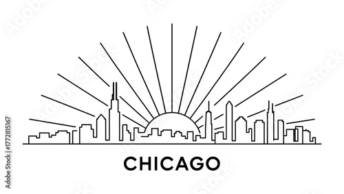 Chicago Skyline Silhouette: A clean, minimalistic line art representation of Chicago's iconic skyline, complete with a sunburst design above the city's silhouette. 