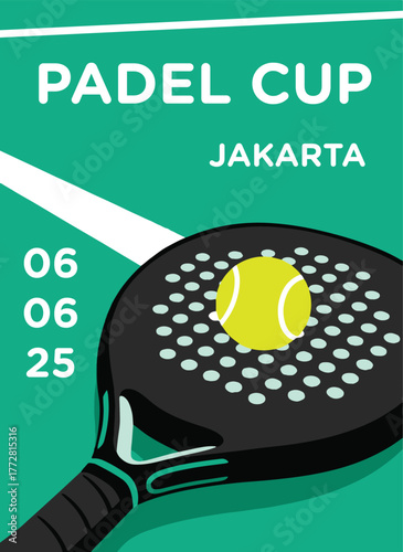 Padel tennis rackets and balls banner promoting padel club, minimalist poster