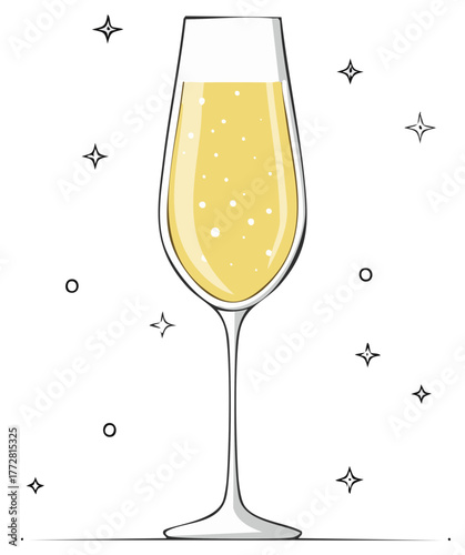 Champagne Flute with Bubbles and Stars for Celebrations and Festive Events
