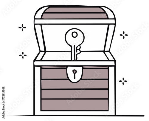 Open treasure chest with key revealed, concept of discovery and secrets