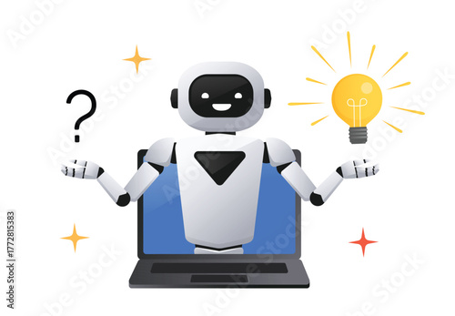 Cute cartoon AI robot looking from laptop computer screen, holding question mark and glowing light bulb. Problem solving and idea generation. Vector illustration of artificial intelligence technology