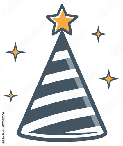 Whimsical party hat with star, striped conical cap and glowing star shapes creating festive atmosphere and celebrating.