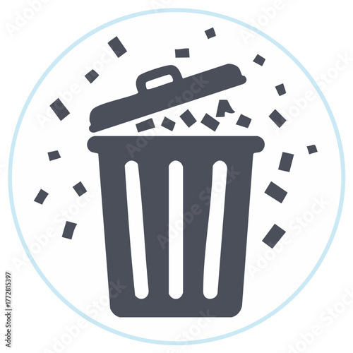 Discarding and deleting digital data or files in a trash can with scattered pieces
