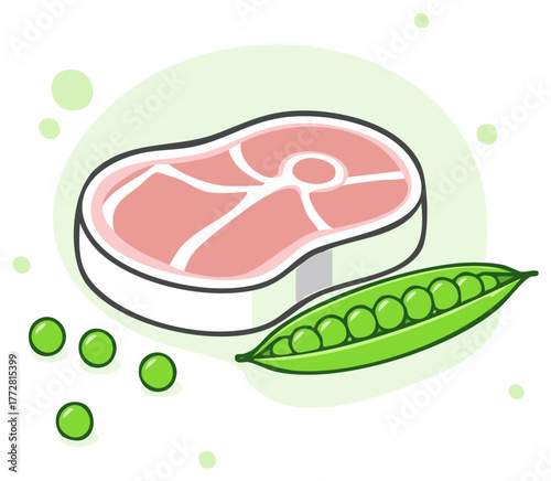 Steak and peas illustration, a healthy protein and vegetable meal