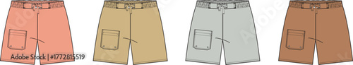 Collection of men's casual shorts in various colors. Apparel design template and technical flat sketch for clothing production
