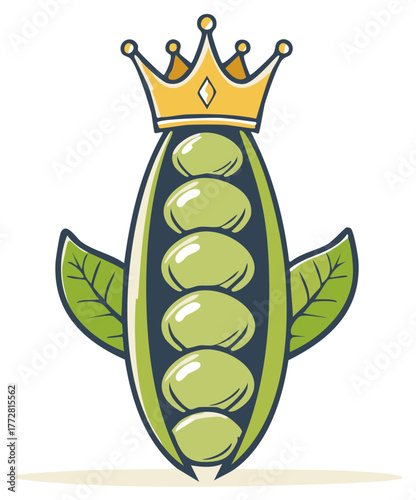 Regal Green Pea Pod with Golden Crown Food Royalty Concept Vector Illustration