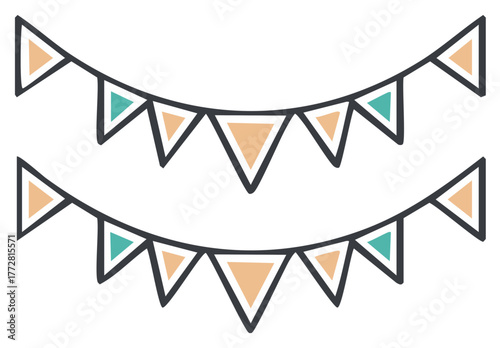 Festive two row triangular bunting decoration with teal and peach flags for celebration design element