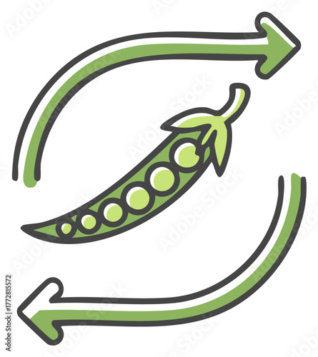 Illustration of fresh pea pod with circling arrows. Concept of harvest or product cycle, sustainable growth.