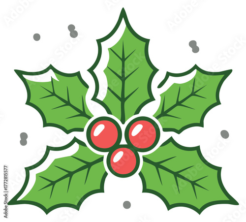 Festive Vector Illustration of Holly Berry Sprig With Leaves and Snowflakes