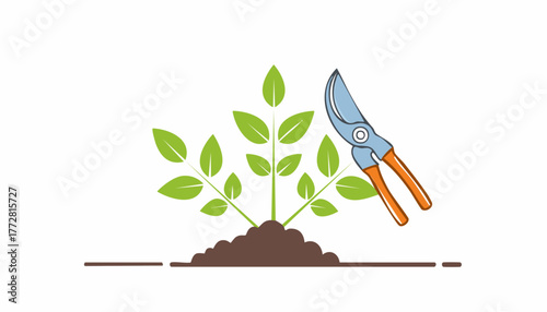 Spring pruning scene with orange handled shears cutting stems for tidy hedge and lush leaves