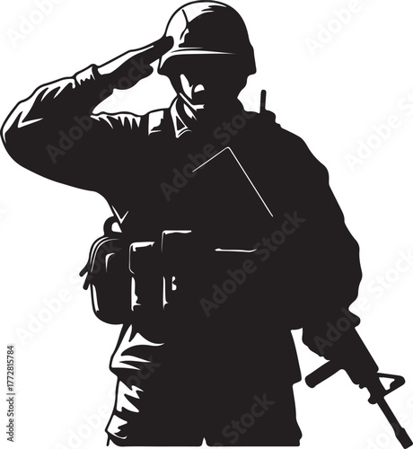Silhouette of a soldier saluting, conveying respect and honor for military service with a rifle and tactical gear, representing patriotism and defense