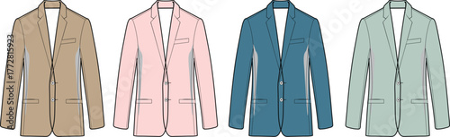 Collection of men's casual shorts in various colors. Apparel design template and technical flat sketch for clothing production