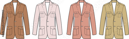 Collection of men's casual shorts in various colors. Apparel design template and technical flat sketch for clothing production