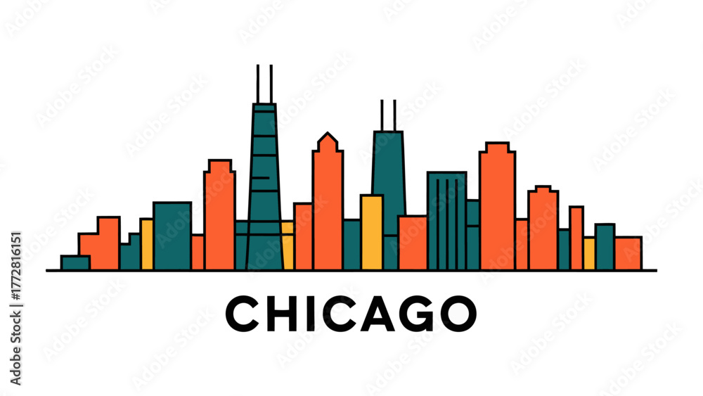 Fototapeta premium Chicago Skyline Silhouette: A vibrant graphic silhouette showcases the iconic cityscape, capturing the essence of the city's unique architecture and urban charm.