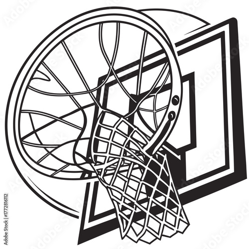 Black and white illustration of a basketball hoop and net sport game