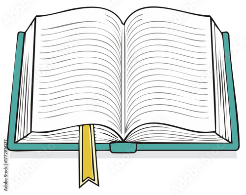 Open Book with Teal Cover and Yellow Bookmark Reading Study Learning Education Creative Illustration Graphic