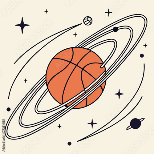 Basketball Planet with Rings Moons and Stars space orbit