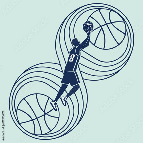 Silhouette basketball player jumping with ball against abstract infinity symbol dunk