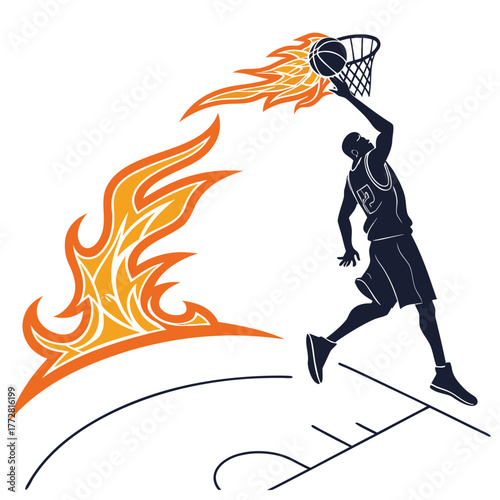 Basketball Player Dunking With Tribal Flames And Court Lines vector illustration