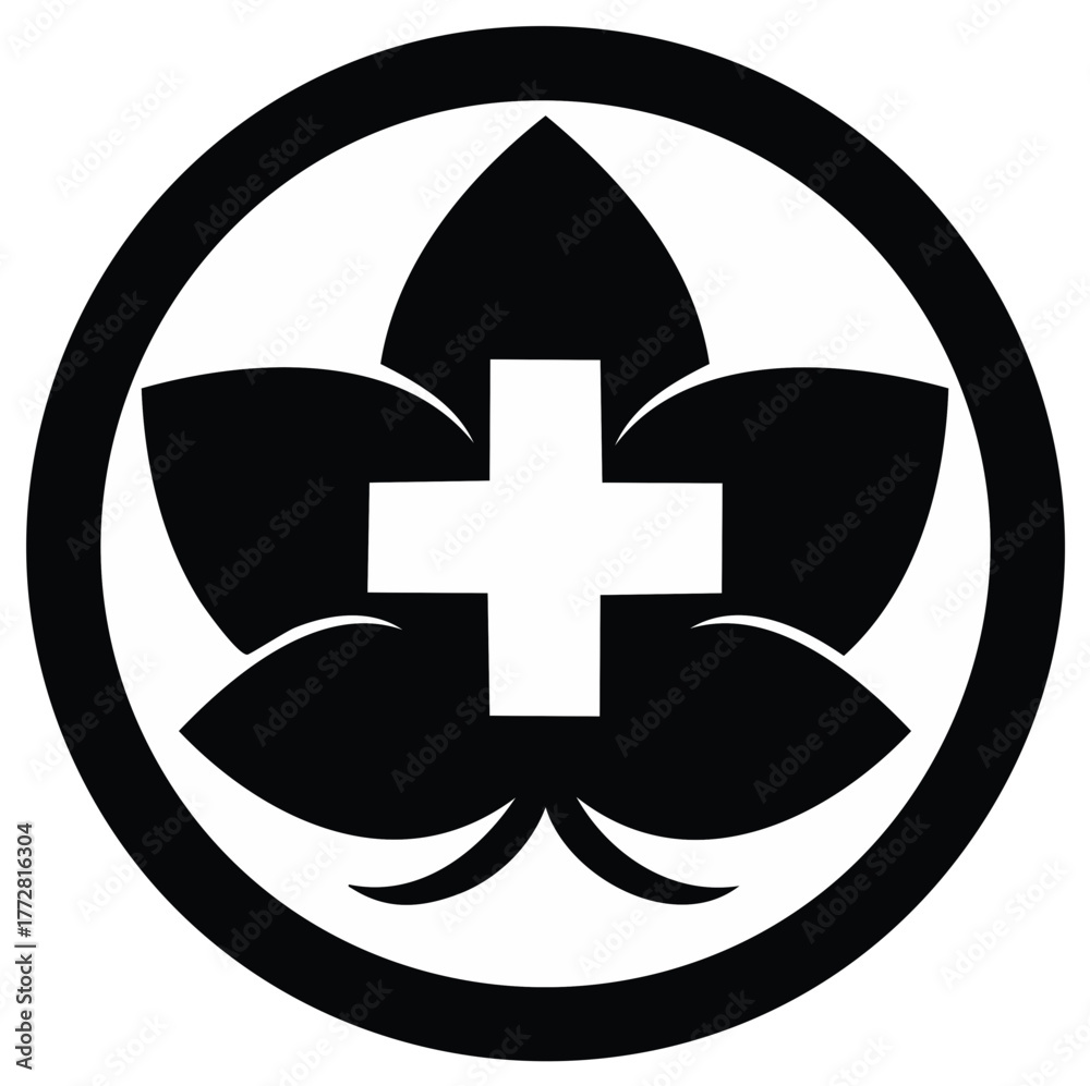 Obraz premium Herbal medicine symbol with a pharmacy cross and leaves. Simple round healthcare and wellness logo icon.