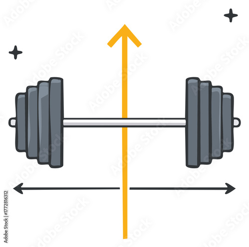 Cartoon barbell icon with upward orange arrow and horizontal axis, symbolizing strength and progress