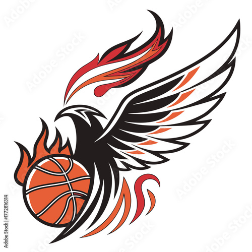 Fiery Eagle Bird Holding Basketball with Wings Spread fire flames