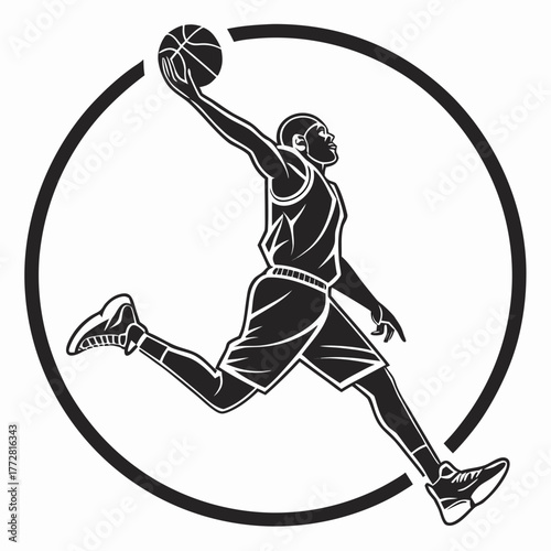 Silhouette of a Basketball Player Dunking in a Circle sport