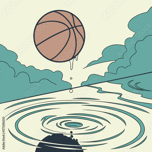 Stylized Basketball Dropping into Rippling Water with Clouds ripple splash