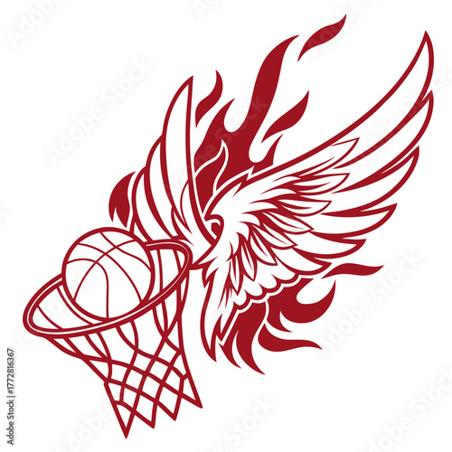 Stylized basketball hoop with a flaming wing and ball Keywords: basketball, hoop, net, ball