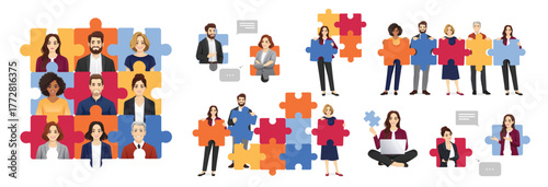 Set of diverse business characters people connecting puzzle pieces. Teamwork, collaboration, strategic planning, and problem solving. Isolated vector illustration