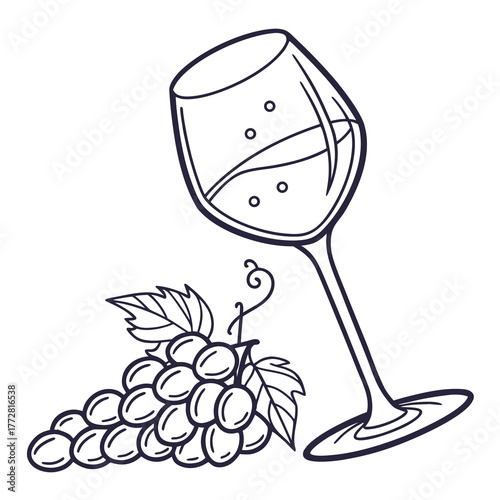 Wine Glass with Grapes and Leaves Illustration Keywords: wine glass, grapes, bunch of grapes